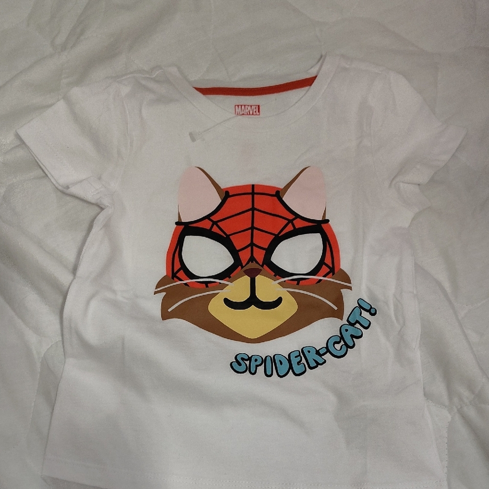 Marvel White Tee with Red & Brown Spider-Cat Graphic Nwot